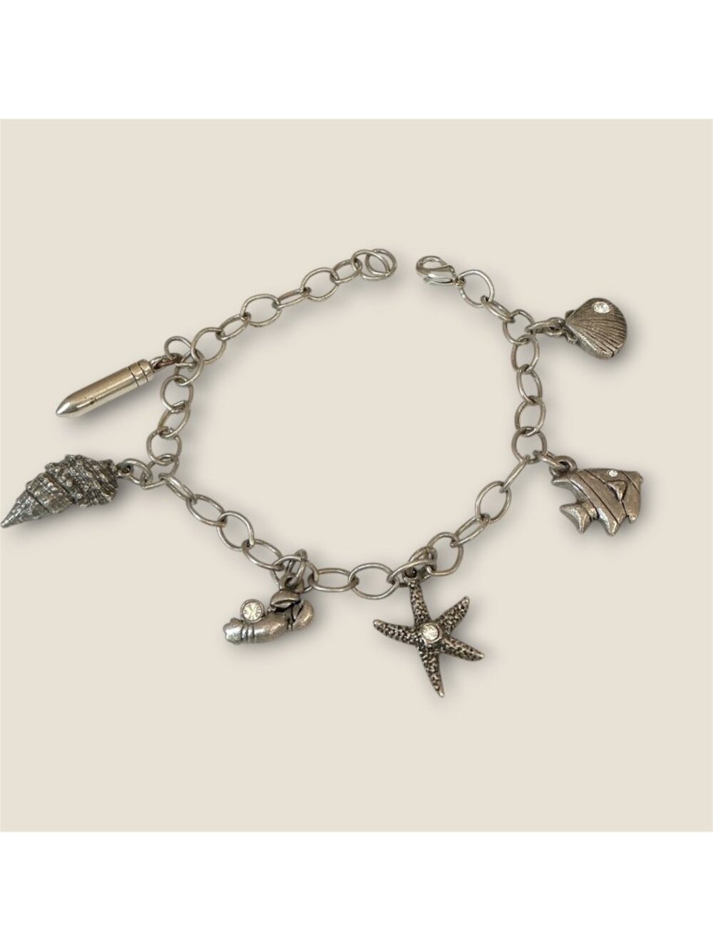 Nautical-Themed Silver-Tone Charm Bracelet With Shell Starfish Fish & Lobster Ac